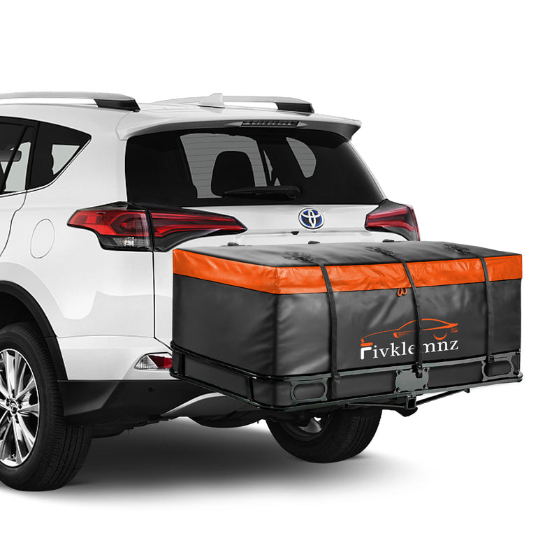 FIVKLEMNZ Hitch Cargo Carrier Bag, 20 Cubic Feet Waterproof Car Hitch Tray Cargo Carrier with 6 Reinforced Straps Suitable for All Vehicle with Steel Cargo Basket (59" 24" 24")
