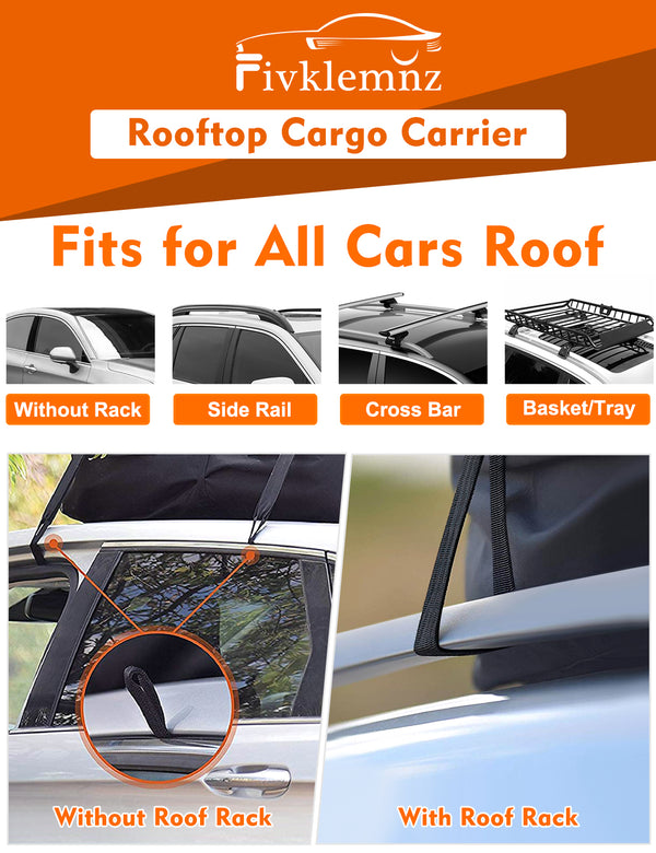 FIVKLEMNZ Car Rooftop Cargo Carrier 15 Cubic, Waterproof Roof Bag Top Luggage Storage Carriers for All Vehicle with/Without Rack Cross Bar Including Anti-Slip Mat+ 8 Reinforced Straps+ 4 Door Hooks